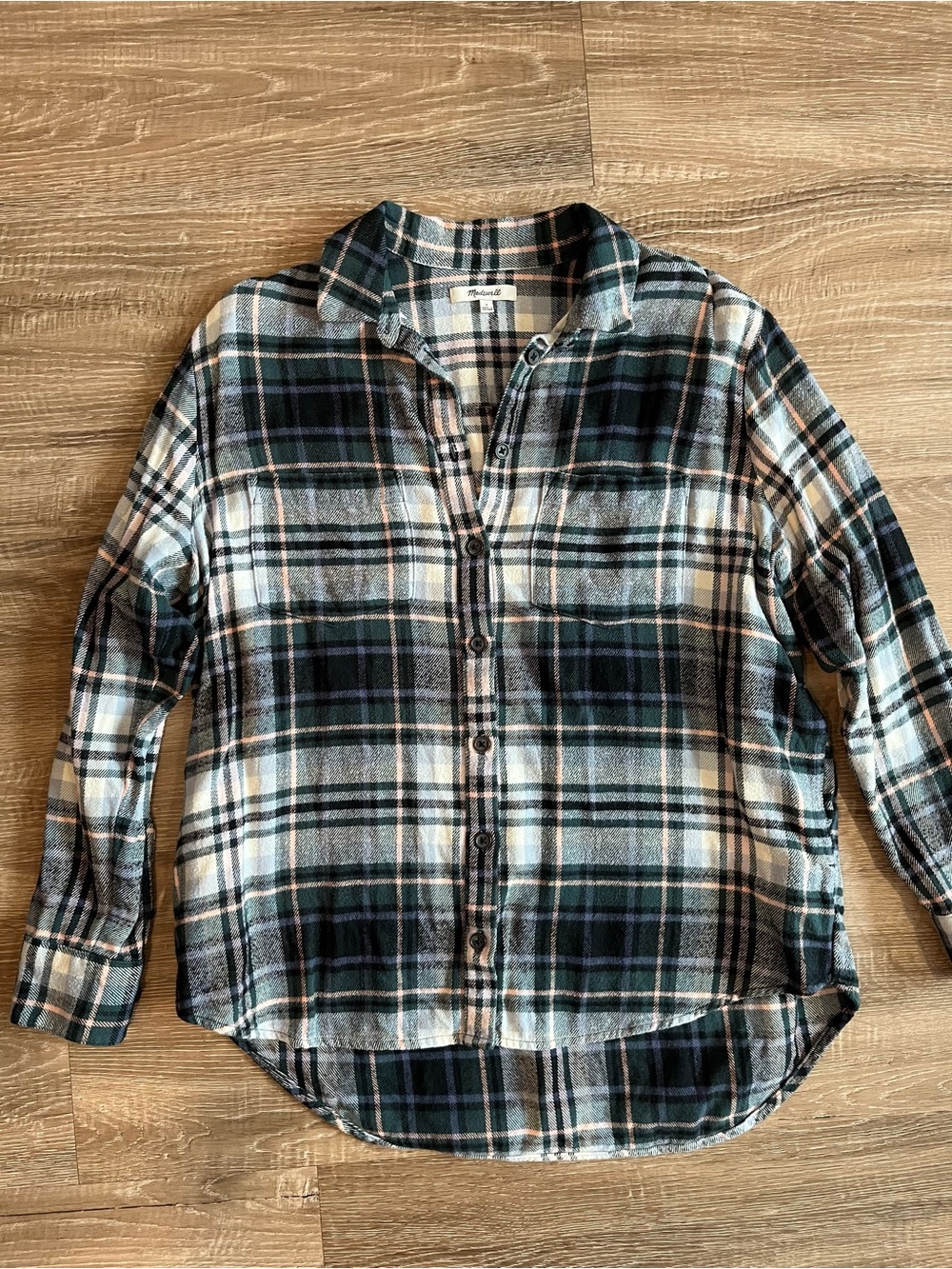 Madewell women’s small turquoise pink white plaid flannel shirt 100% cotton